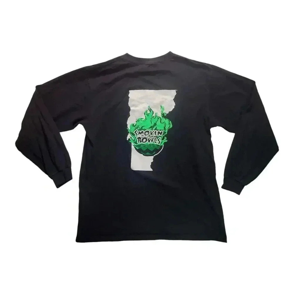 Smokin Bowls Vermont Graphic Long Sleeve T Shirt Black Red Bar Anvil Cotton Sz L